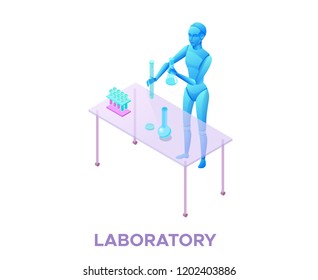 Robot in laboratory with glassware and flask, laborant experimenting with chemicals isometric 3d vector illustration with ai technology in pharmacy and biology, artificial intelligence in medicine