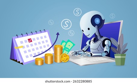 Robô com laptop e moeda de ouro. Inteligência artificial e aprendizagem de máquina. Orçamento e contabilidade. Finanças Pessoais. Gerenciar finanças pessoais. controlar gastos e oferecer aconselhamento de orçamento. vetor