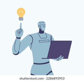 Robot with laptop has idea. Digital search metaphor, android system or future office worker. Creative robotics vector flat character