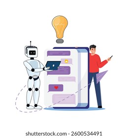 Robot with laptop, man behind phone writing prompt. Bulb signifies new ideas. AI in human life concept