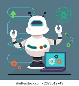 Robot and laptop vector illustration. Algorithm, gear wheels, neural connections. Robotics technology, artificial intelligence concept