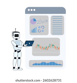 Robot with laptop, webpage background showing charts and graphs for AI trading concept