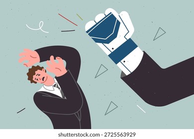 Robot large hand strikes man, as metaphor for conflict people and modern technology exacerbating job shortages. Defenseless guy suffers due to appearance of robot doing work instead of people