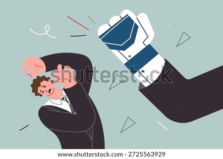 Robot large hand strikes man, as metaphor for conflict people and modern technology exacerbating job shortages. Defenseless guy suffers due to appearance of robot doing work instead of people