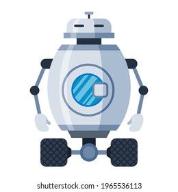Robot laundry on wheels cartoon icon. Anthropomorphous mechanism with washing machine inside body. Robot laundress, electronic washer. Vector illustration isolated on white background.