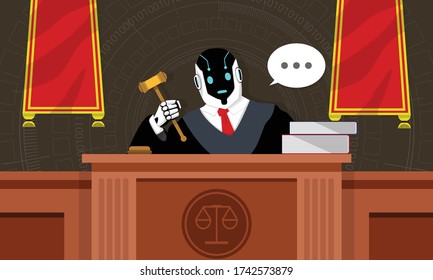 Robot lawyer or judge sit on the throne in the courtroom. Humanoid working at workplace with gavel books and briefcase artificial intelligence justice concept. Flat vector illustration