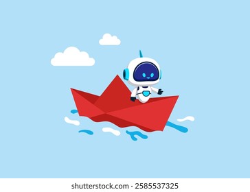 Robot lead  sailing origami ship. Technology in crisis,  to achieve target, vision or forward strategy for success concept. Flat vector illustration