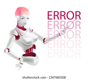 Robot lecturer or cyborg teacher indicates an error. Humanoid female Android with artificial intelligence holding pointer in hand. Vector illustration in realistic 3D style.