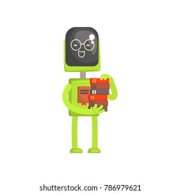Robot librarian character, android with book in its hands cartoon vector illustration