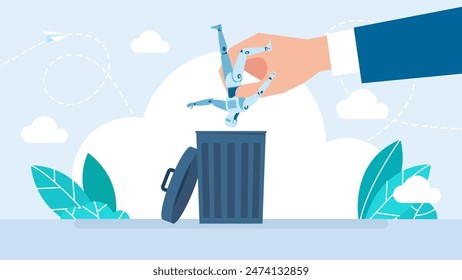 The robot is lifted by a giant hand and will be put into a trash can. Harm of Artificial Intelligence. Failed experimental product. Will be thrown away and recycle.Vector illustration