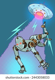 El robot es elevado hacia sí mismo por un platillo volador usando un rayo. Fenómenos paranormales en la galaxia y alienígenas. Exploración del universo en busca de otra vida y civilizaciones. Pop Art Retro