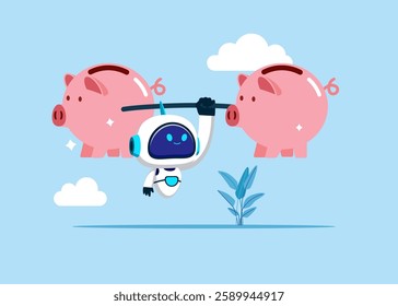 Robot lifting weights or carrying piggy bank. Finance and industry. Modern flat vector illustration