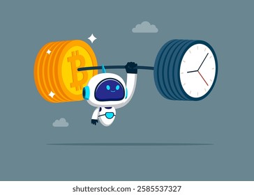 Robot lifting weights. Investment financial literacy, investing expert, effort to earn more money. Flat modern vector illustration.