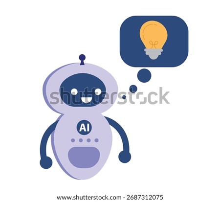 Robot with light bulb above above head, symbolizing new idea. Vector illustration for artificial intelligence, brainstorming, and creative thinking