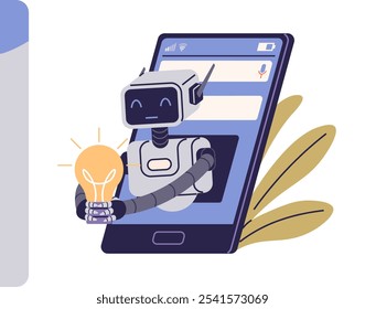 Robot con una bombilla en las manos que sale de un teléfono inteligente, junto a un formulario de contacto. Ideal para temas de Servicio al cliente, tecnología de IA, Asistencia en línea, innovación y comunicación. Vector moderno