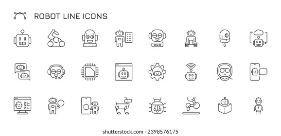 Iconos de la línea robot. Esbozo de parloteo AI y caracteres mecánicos relacionados con pictogramas, inteligencia artificial futurista y tecnología robot. Conjunto aislado de vectores. Proceso automatizado, ingeniería