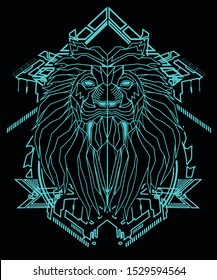 robot lion head vector for poster and t shirt design with sacred geometry background