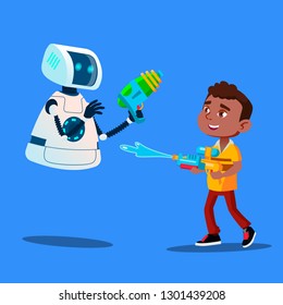 Robot And Little Boy Having Fun With Water Guns Vector. Isolated Illustration
