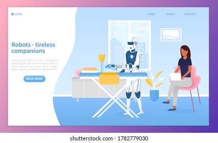 The robot in the living room is ironing while the girl is working on a laptop. Artificial intelligence in the household. Housekeeping artificial intelligence. Perfect for landing page, web Flat Vector