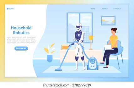 A robot in a living room vacuuming while a girl is working on a laptop. Artificial intelligence in the household. Housekeeping artificial intelligence. Perfect for landing page, web design Flat Vector