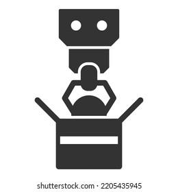 Robot loader is immersed in a cardboard box - icon, illustration on white background, glyph style