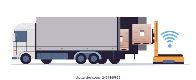 Robot loader and transportation truck on isolated background. Autonomous logistic business illustration