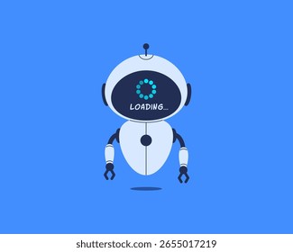 Robô com barra de carregamento na tela. Ilustração vetorial para atualização do sistema de IA, processamento de chatbot, carregamento de dados