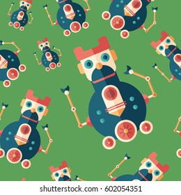 Robot locomotive flat icon seamless pattern.