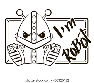 Robot logo. black on white background. with an inscription.