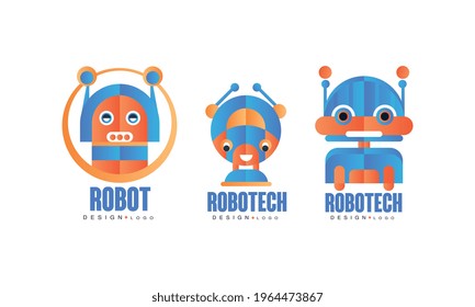 Robot Logo Design Set, Robotech for Company Identity, Computer Related Service, Kids Science Club Badges Flat Vector Illustration