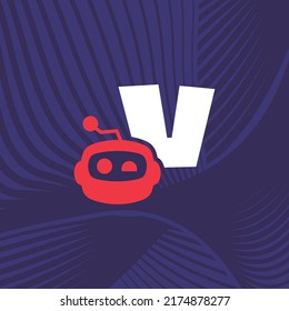 Robot logo design vector template illustration with alphabet V
