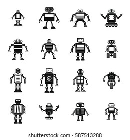 Robot logo icons set. Simple illustration of 16 chat bot logo vector icons for web