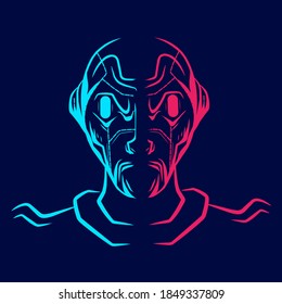 Robot-Logo-Linie Pop-Art porträtiert buntes Design mit dunklem Hintergrund. Abstrakte Vektorgrafik.