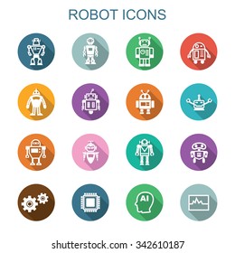 robot long shadow icons, flat vector symbols