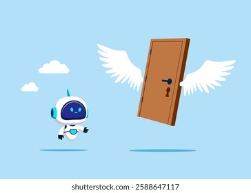 Robot looking on wooden door with wings flying in the sky. For entrance, home, exit, challenge, opportunity concept. Modern vector illustration in flat style