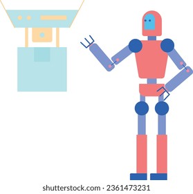 A robot is looking at the parcel delivering by a drone.