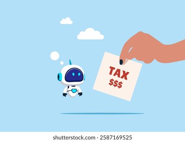 Robot looking at tax bills. Tax burden or debt to pay for income tax, financial charge and duty to pay for government, accounting or bills. Flat vector illustration