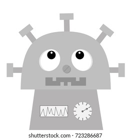Robot looking up. Screw nose, clock heart, diagram, open mouth with tooth. Cute vintage cartoon character. Gray metal. Flat design. White background. Isolated. Vector illustration