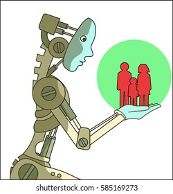 A robot looks at people. Vector illustration.