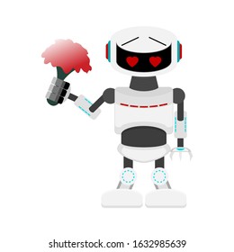 Robot in love with bouquet flowers. Love artificial intelligence, robot machine for valentine day card, character intelligence, humanoid valentine lover, vector illustration