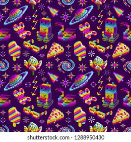Robot loved butterfly and swan,ice cream,cake,space rainbow,stars.Computer characters in 3D cubes,pixel art,game style. Miracle of digital virtual life.Seamless pattern .Violet purple vector.