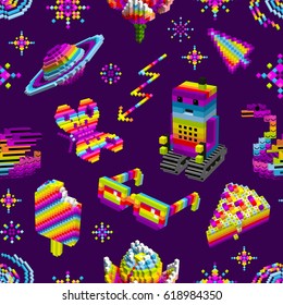 Robot loved butterfly,swan,ice cream,cake,space rainbow,stars.Computer characters,3D,cubes,pixel art,game style,digital,seamless pattern for wallpaper,textiles,.Vector