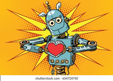 Robot lover with a red heart, symbol of love. Pop art retro vector illustration