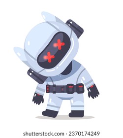 Robot with a low battery tilted his head. Flat vector character 