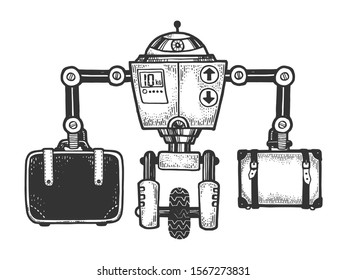 Robot luggage carrier sketch engraving vector illustration. T-shirt apparel print design. Scratch board style imitation. Black and white hand drawn image.