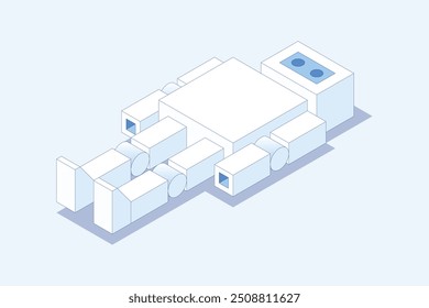 The robot is lying down. Isometric illustration. Editable stroke isometric vector.
