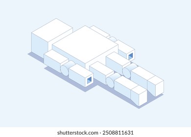 The robot is lying down. Isometric illustration. Editable stroke isometric vector.