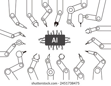 Robotermaschinenarme konzentrieren sich auf die Künstliche Intelligenz, Vektorillustration