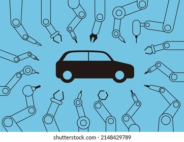 Robot Machine Arms Get Together Focus On The Car, Automatic Factory, Vector Illustration