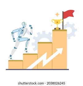 Robot machine climbing career ladder with trophy cup and flag on the top, flat vector illustration. Artficial intelligence career growth, leadership.